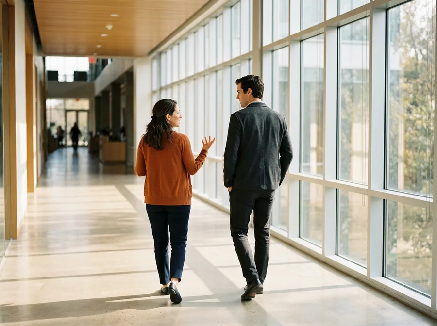 An engineering leadership coach and a new engineering manager talking through a biweekly coaching session while walking an office corridor