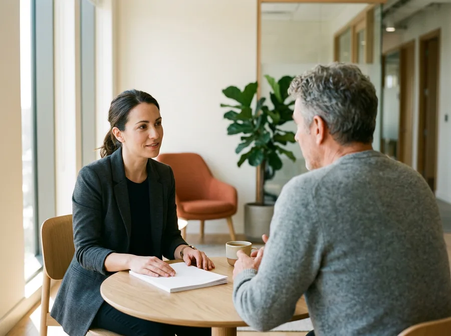 A newly promoted engineering manager and a KORE1 leadership advisor working through a printed handover plan in a one-on-one coaching session