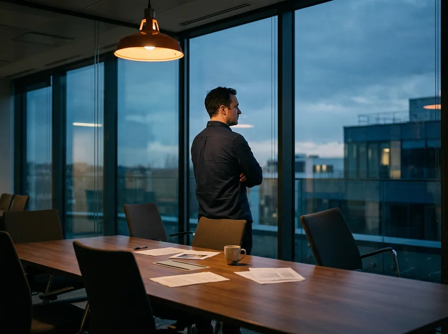 A first-time engineering manager working alone in an empty meeting room after hours during the IC to leader transition