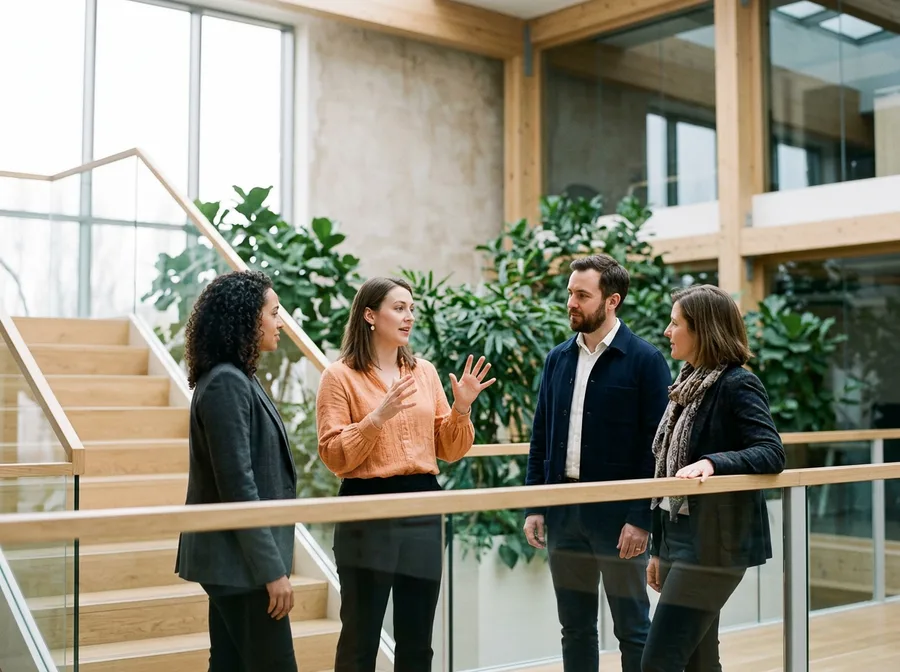 Engineering leaders talking on an office staircase landing while deciding whether a problem needs manager coaching or an org design change