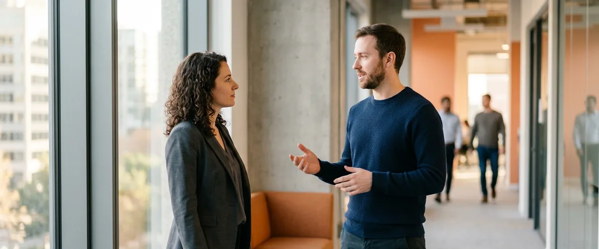Two engineering colleagues talking in an office corridor about how much an engineering manager should still code