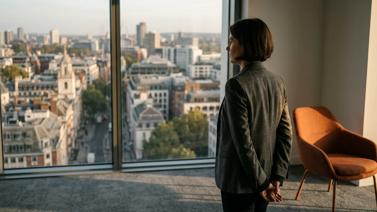 Engineering leader alone at an office window weighing how much hands-on coding time to keep