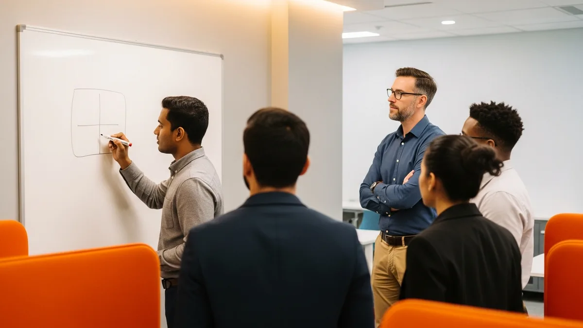 Engineering manager listening while an engineer leads a whiteboard session with the team