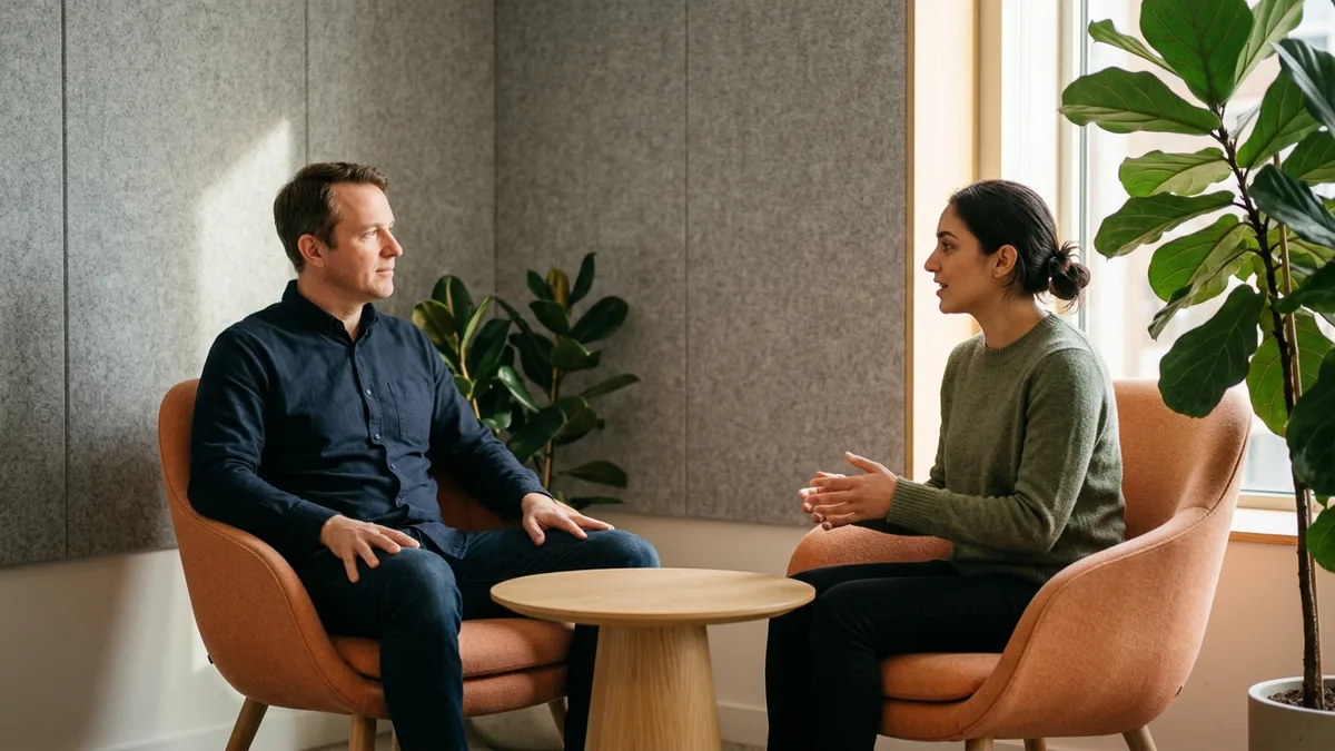 Engineering manager listening during a one-on-one with a software engineer in a quiet office corner
