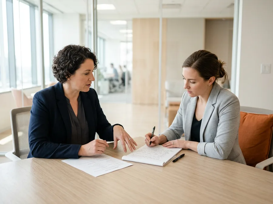 An engineering leader and a KORE1 recruiter scoping an org design engagement against a printed intake checklist