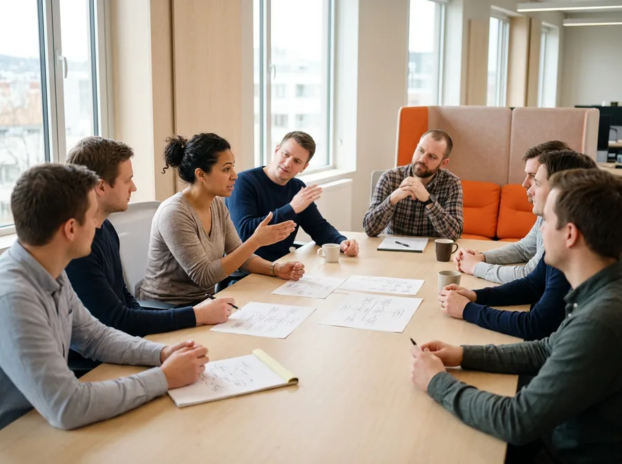 Software engineers around a conference table disagreeing over printed priorities during an engineering org design review
