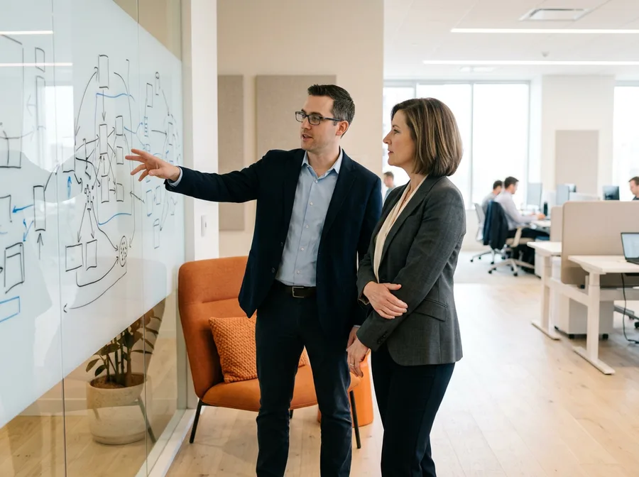 A KORE1 engineering advisor and a VP of Engineering mapping team structure on a glass whiteboard during an org design engagement