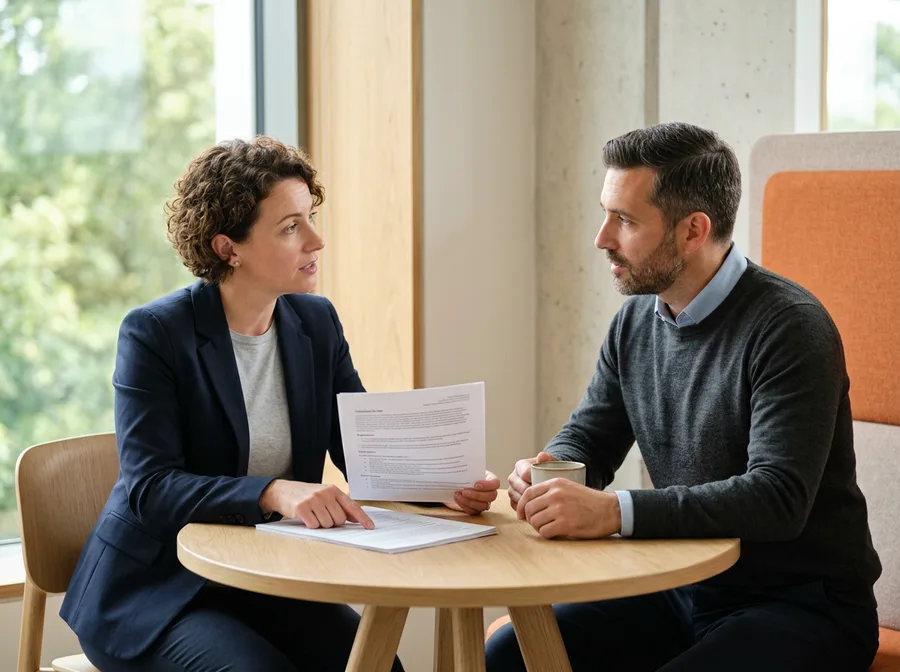A KORE1 recruiter and a hiring manager reviewing a printed candidate profile while screening an engineering org design advisor