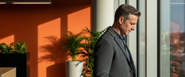 Engineering executive alone at an office window considering whether his engineering org is slow or just tired