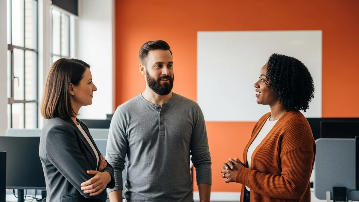 Three engineers discussing a sprint estimate as an informed commitment in a modern office