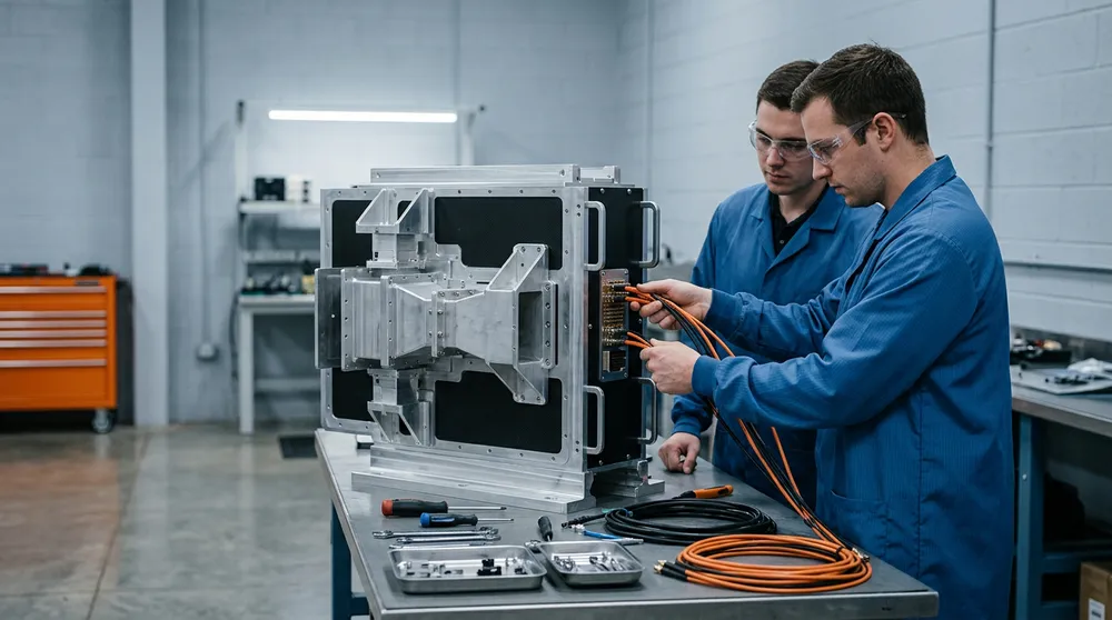 Two engineers in anti-static smocks seating orange test leads into a rack-mounted radar antenna assembly in a Baltimore area electronics integration bay