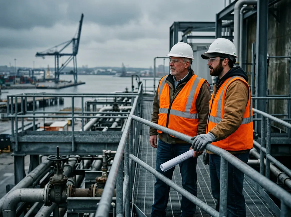 Two engineers in orange safety vests and hard hats on an elevated steel walkway above process piping at a Baltimore deepwater port terminal