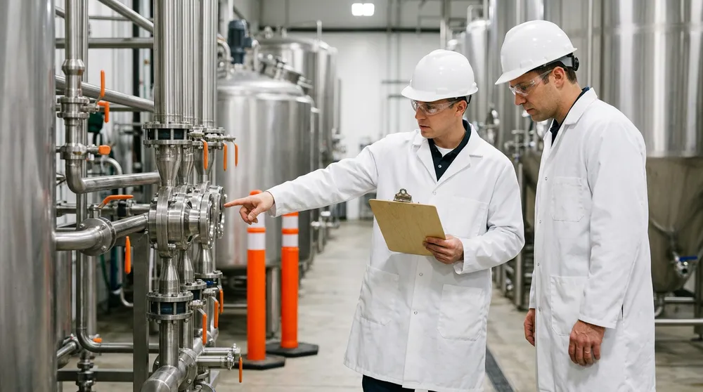 Two process engineers in white hard hats reviewing stainless steel piping and valve manifolds inside a Hunt Valley area food and flavor manufacturing plant