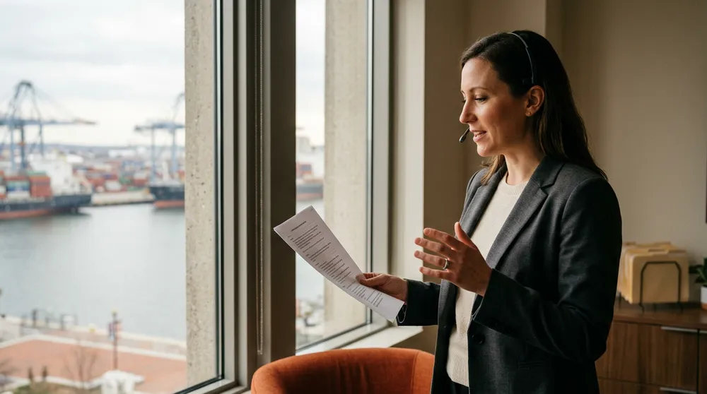 KORE1 engineering recruiter on a headset at a Baltimore office window with the harbor waterfront and container cranes behind her