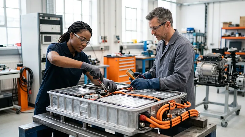 Two engineers in safety glasses inspecting an electric vehicle battery pack with orange high voltage cabling on a test fixture in a Columbus automotive engineering lab