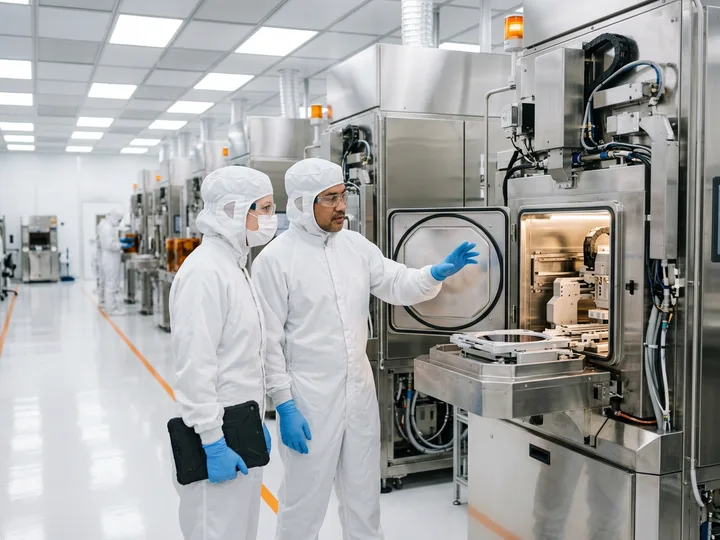 Two process engineers in white cleanroom bunny suits inspecting a wafer-processing tool inside a Columbus area semiconductor fabrication bay