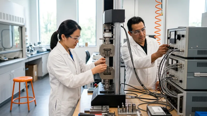 Two research engineers in white lab coats testing a metal coupon on a materials testing machine at a central Ohio applied science research bench