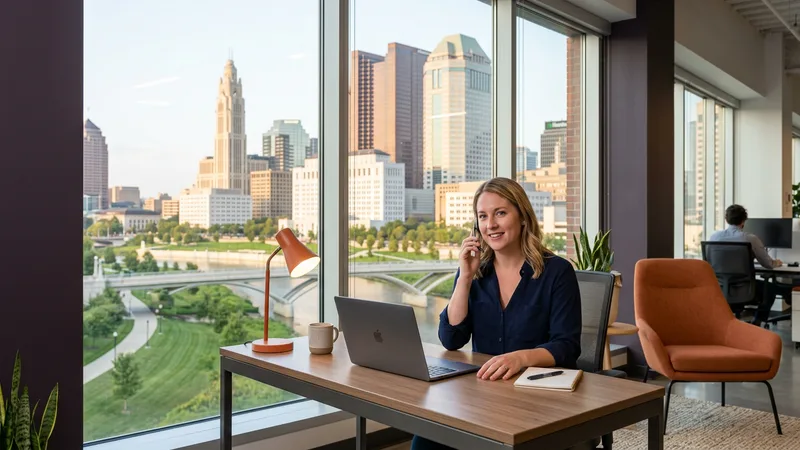 KORE1 engineering recruiter on a headset at a Columbus office desk with the downtown skyline, LeVeque Tower, and the Scioto riverfront visible behind her