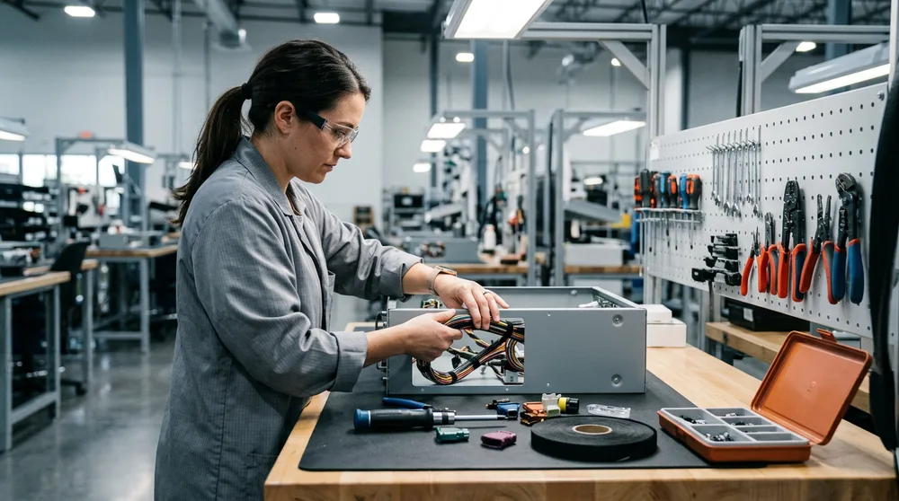 Hardware engineer routing a wiring harness into a sheet metal chassis at a Las Vegas electronics manufacturing bench