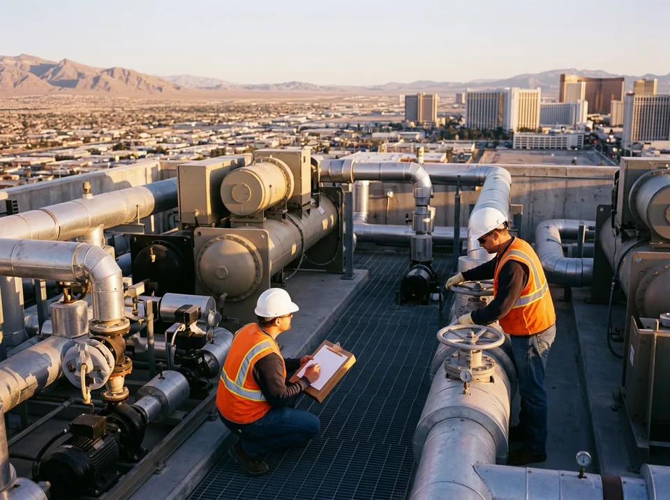 Two engineers in orange safety vests inspecting chillers and chilled water piping on a Las Vegas resort rooftop at dawn