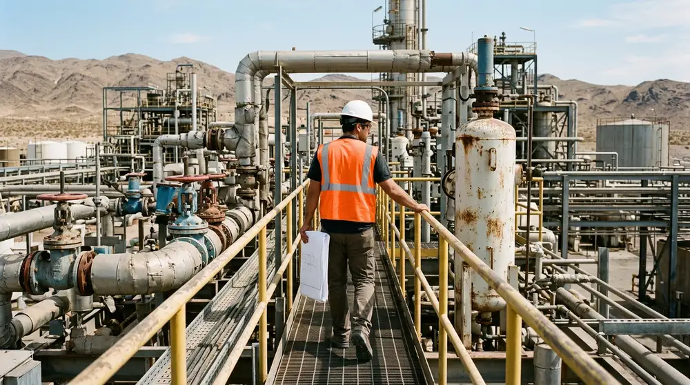 Process engineer in an orange vest walking a steel pipe rack at an industrial plant outside Henderson Nevada