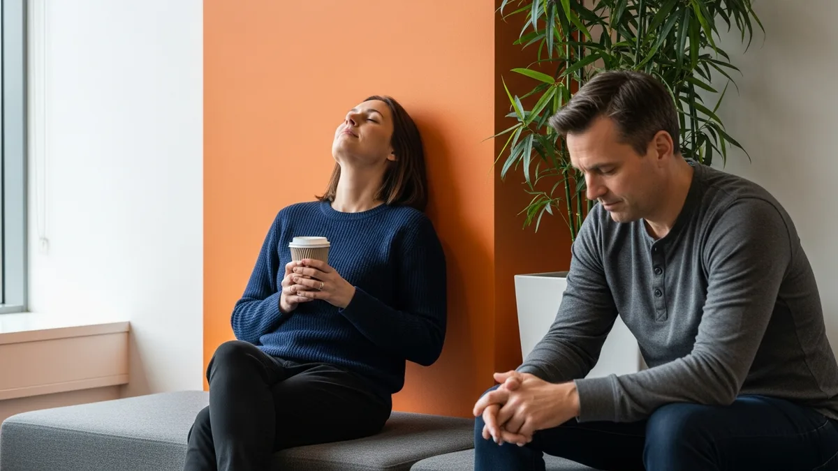 Two software engineers resting in an office lounge showing the recovery signals of a tired engineering team