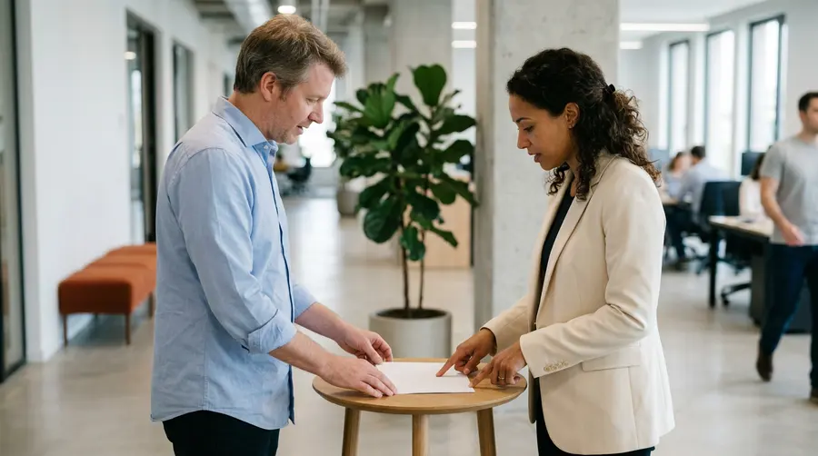 Engineering director and product manager reviewing a printed priority sheet in an open office corridor
