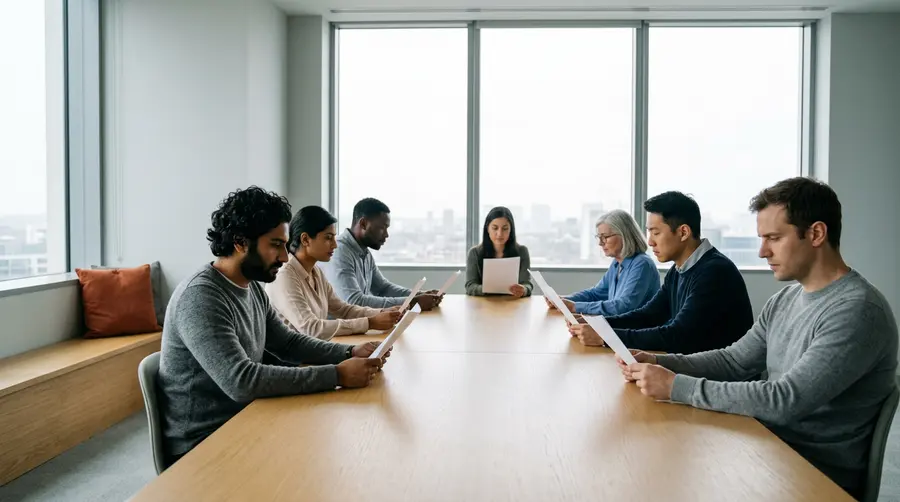 Software engineers reading a printed brief separately at a conference table during a definition of done test