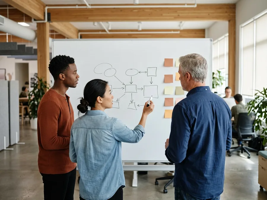 Software engineers at a whiteboard mapping their code review queue on paper during an engineering velocity diagnostic
