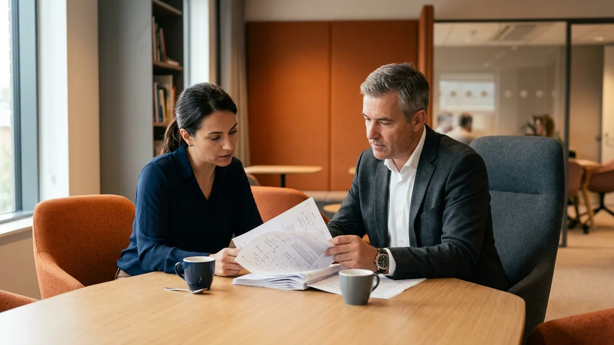 Engineering director reviewing printed delivery performance data with a colleague
