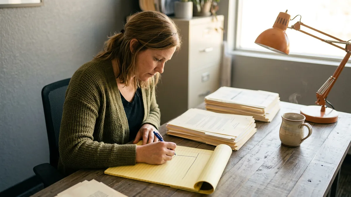 Controller marking month-end close figures by hand on a legal pad beside stacks of printed ERP reports