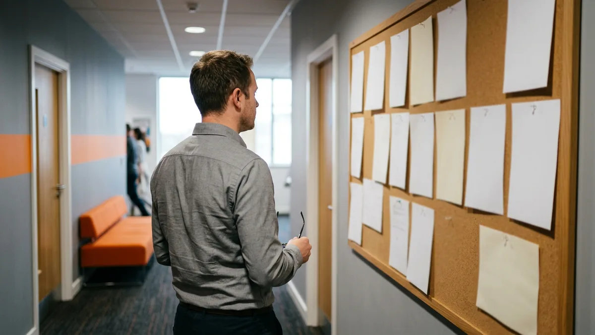 Employee in an office corridor reading the ERP support escalation path pinned to a cork noticeboard