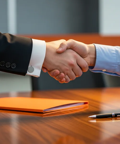 Handshake sealing an ERP consulting engagement next to a signed statement of work
