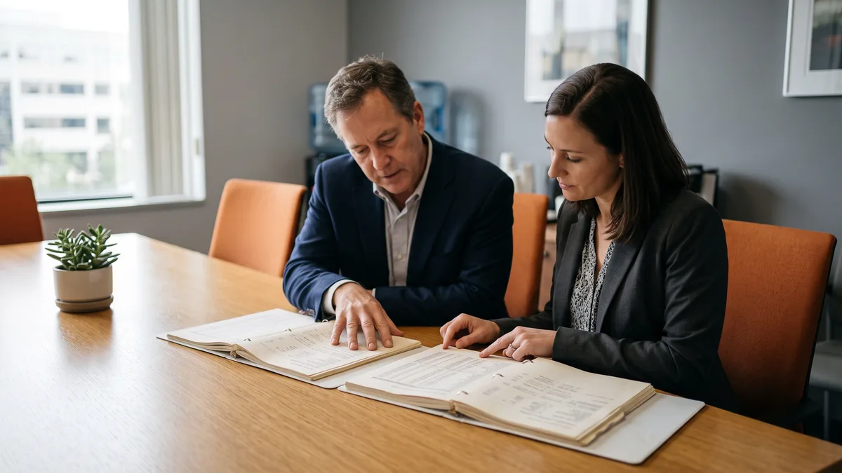 Finance manager and ERP consultant comparing printed ledger records during ERP data migration reconciliation