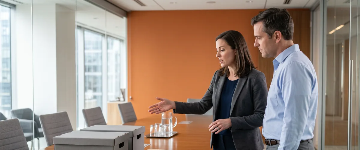 Two consultants reviewing archived file boxes and folders while planning an ERP data migration before go-live