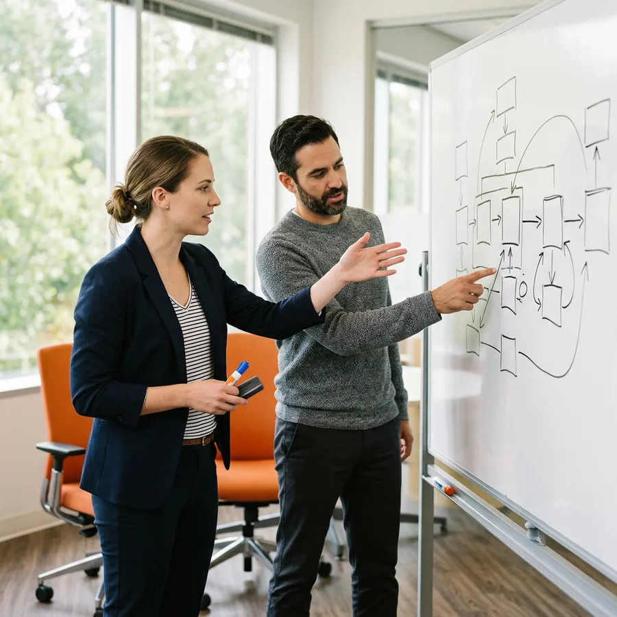 A KORE1 recruiter and a hiring manager scoping a migration role timeline against a printed go-live calendar