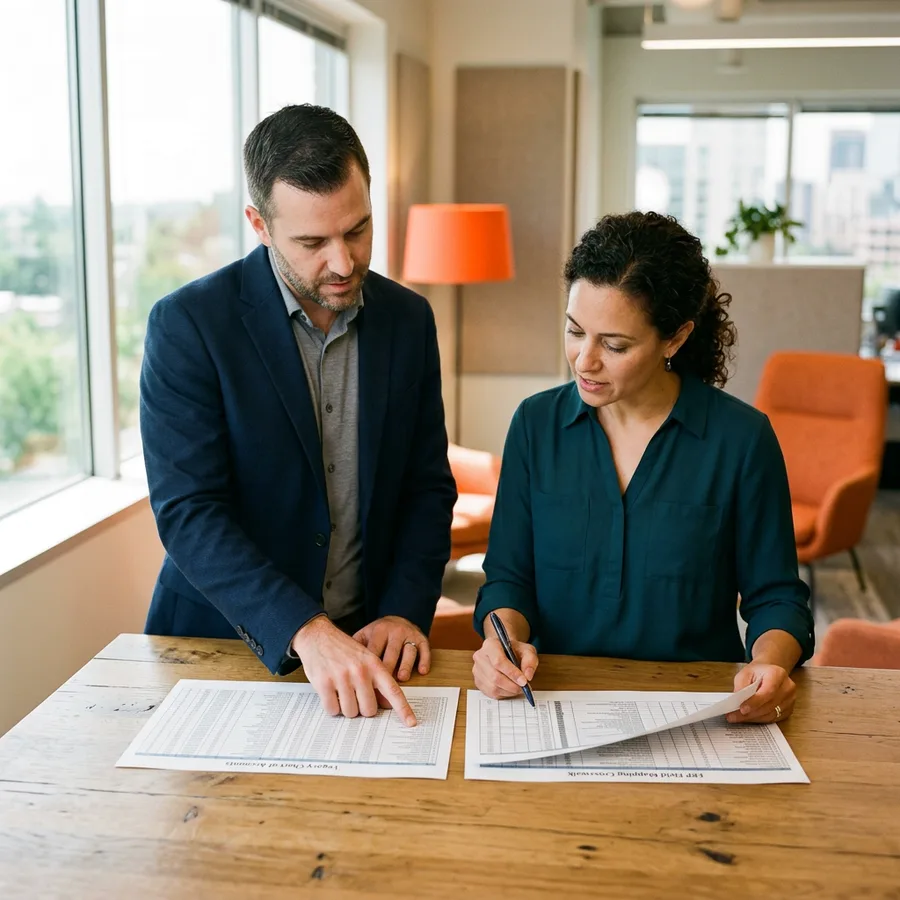 A migration specialist and a controller comparing a legacy chart of accounts against a new ERP field mapping crosswalk