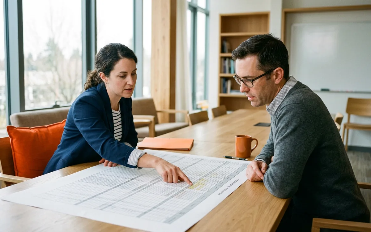 A data migration specialist and a colleague reviewing a printed field mapping crosswalk spread across a conference table