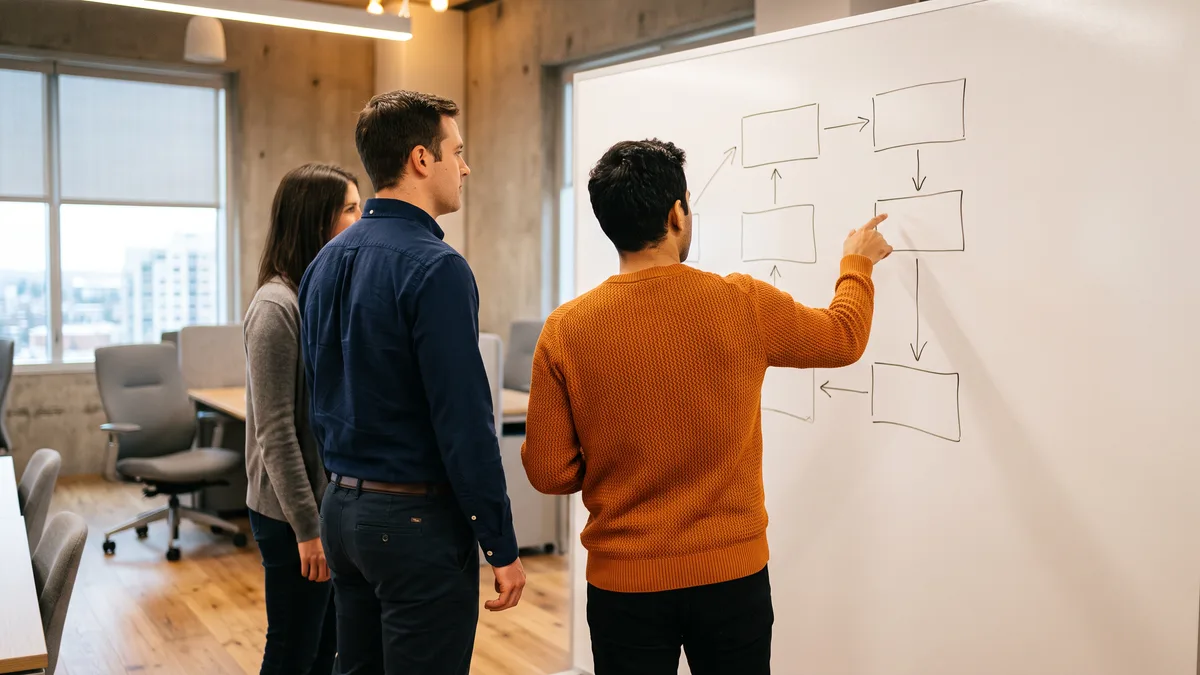 Project team mapping ERP data migration flows on a whiteboard before the first rehearsal load