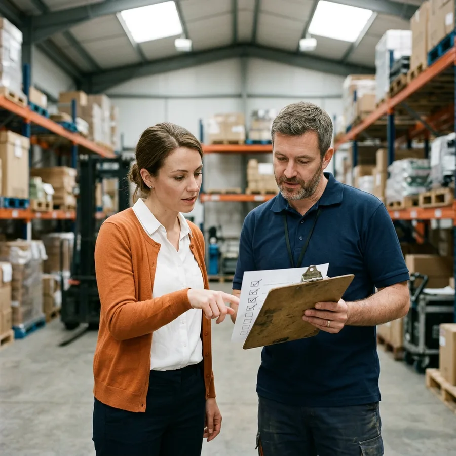 A go-live support specialist floor-walking a warehouse employee through a new NetSuite screen on the first day live