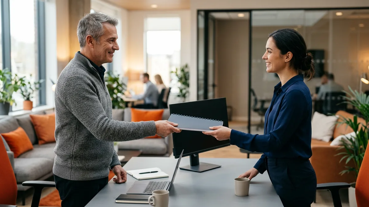 Consultant handing an ERP administrator runbook to the day-two system owner during knowledge transfer