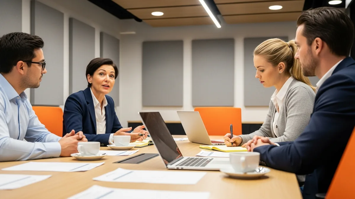 Finance team reviewing month-end close numbers around a conference table with laptops and printed reports