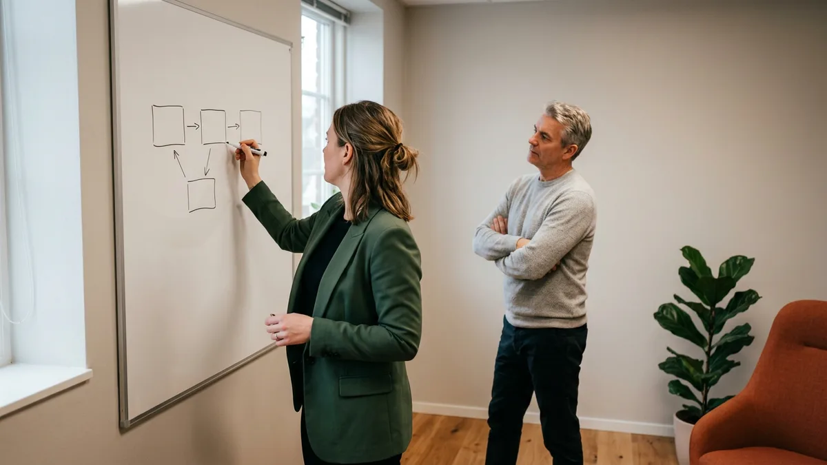 Consultant mapping an ERP process design decision on a whiteboard while a colleague watches