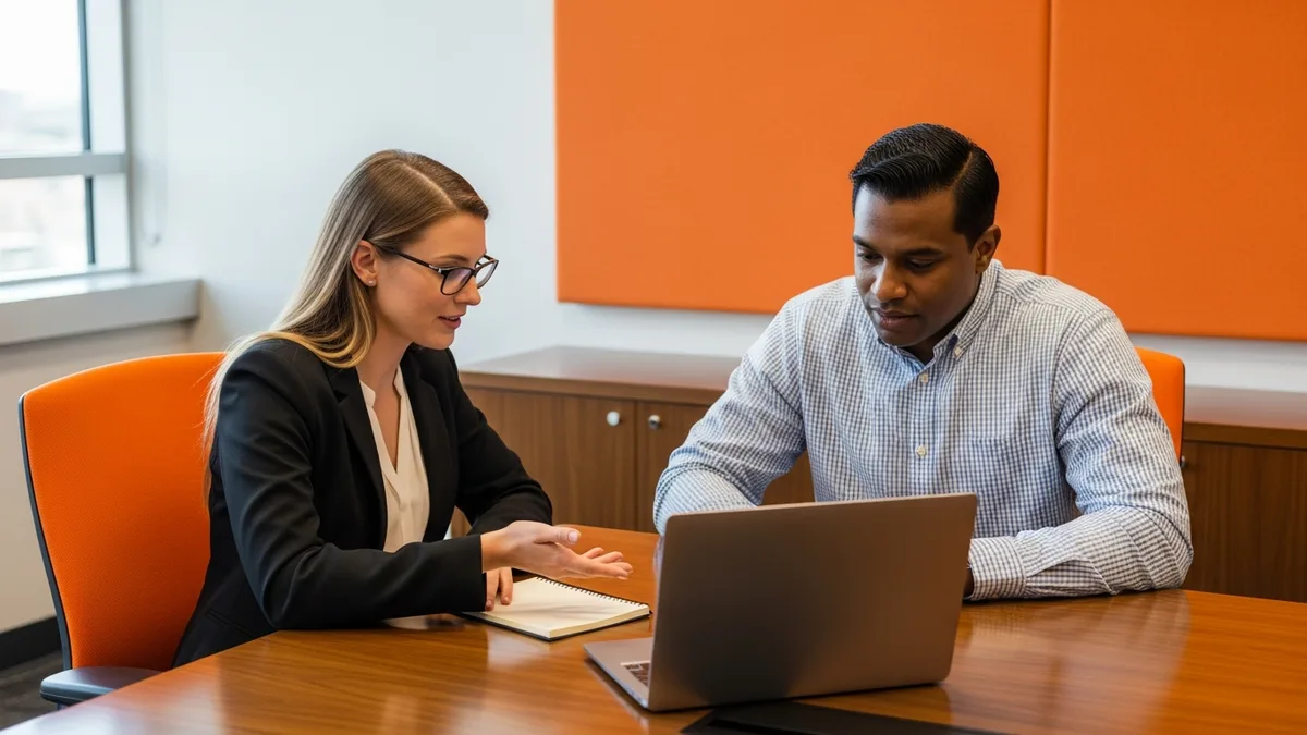 IT staffing recruiter and IT director reviewing an ERP staffing decision together at a laptop