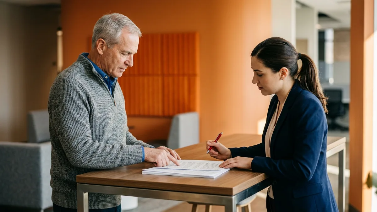 Two ERP consultants reviewing a printed specification, the independent review step for AI-assisted configuration