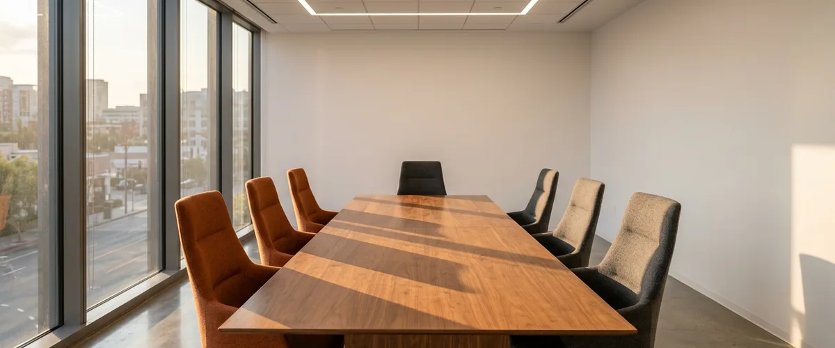 Empty boardroom with seven chairs representing the seven seats in an ERP implementation team structure