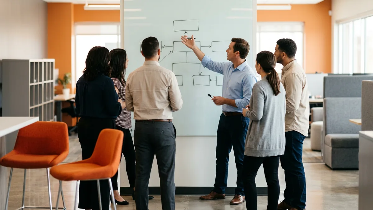 ERP implementation team mapping roles and responsibilities on a whiteboard before project kickoff