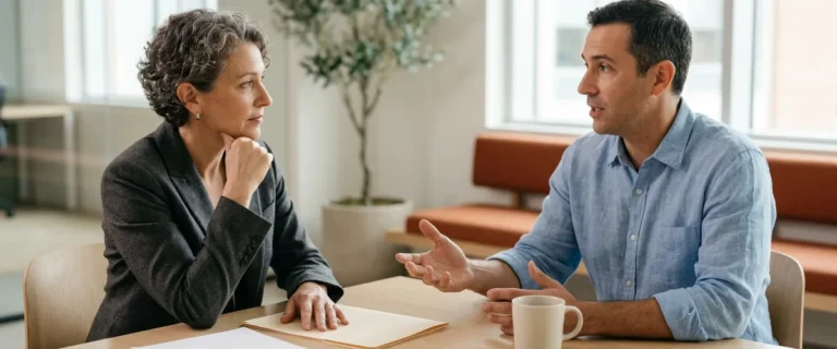 Two colleagues at a table discussing how long an ERP implementation will take