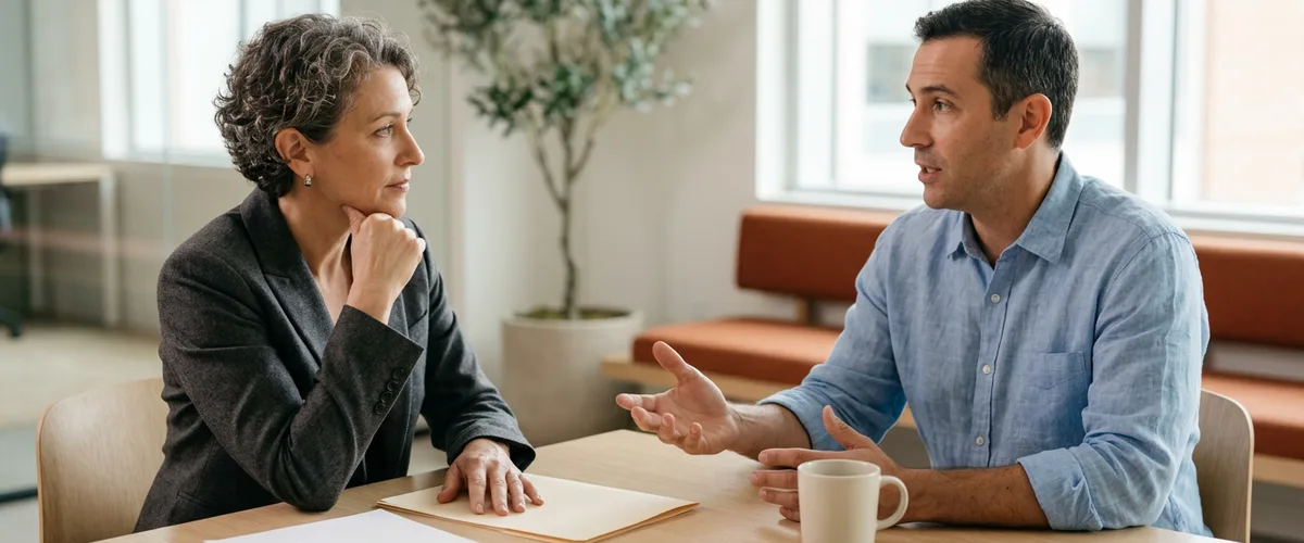 Two colleagues at a table discussing how long an ERP implementation will take