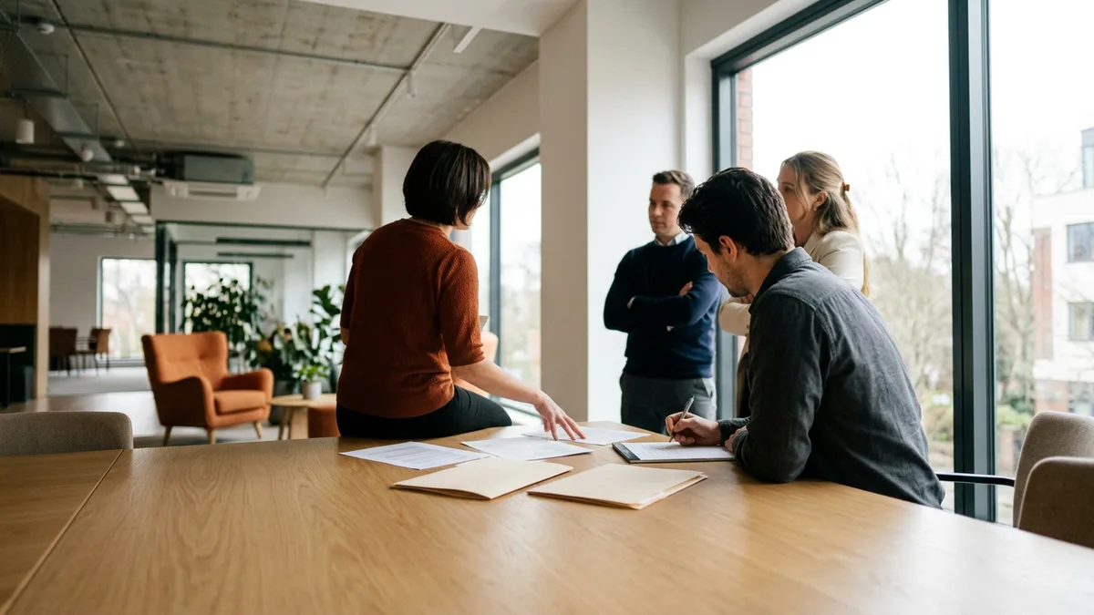 ERP implementation core team reviewing project documents around a conference table